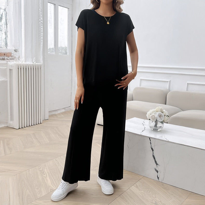 Spring and summer European and American women's clothing temperament casual solid color sweater set