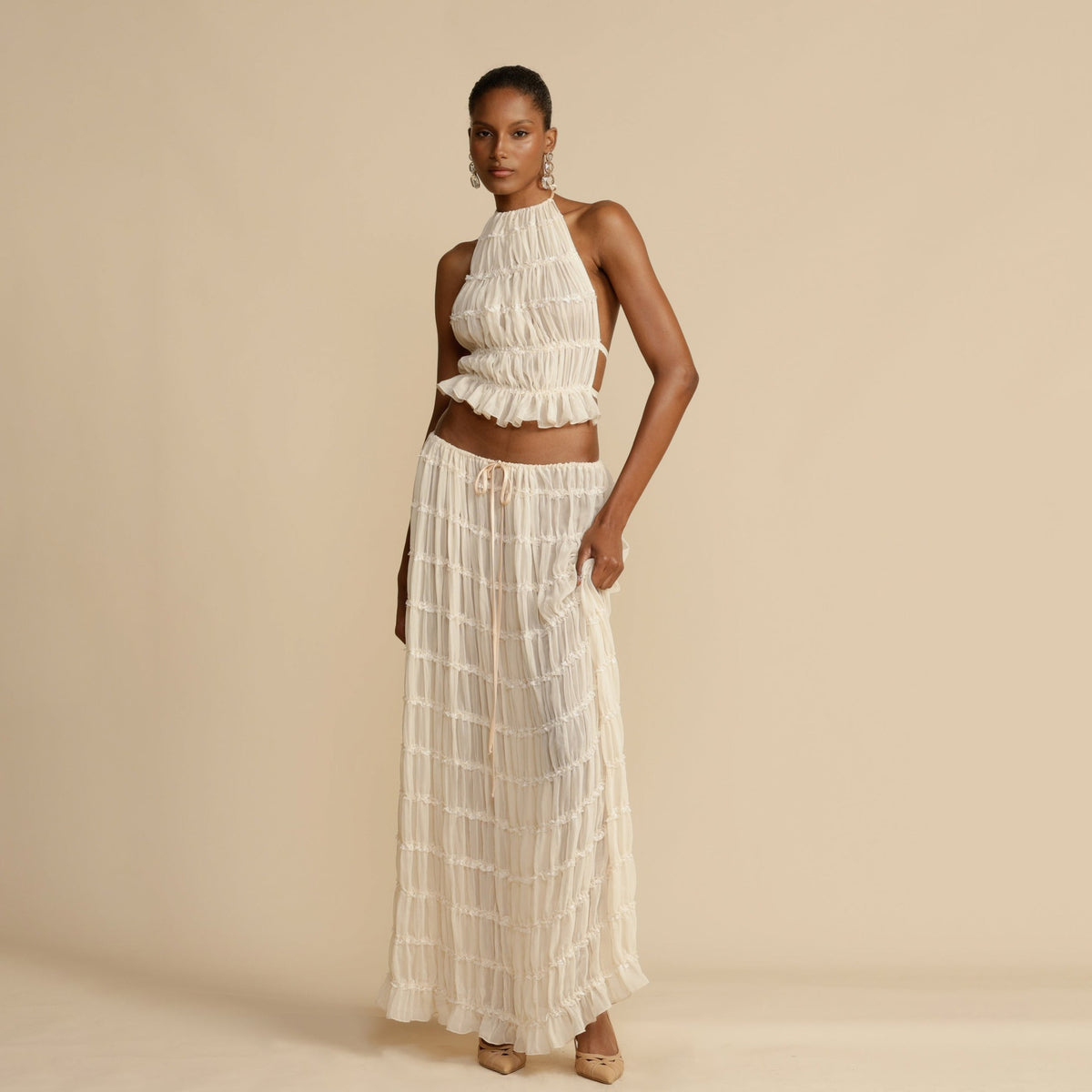 Open back lace up neck top set with wooden ear edge chiffon pleated long skirt two-piece set