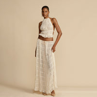 Open back lace up neck top set with wooden ear edge chiffon pleated long skirt two-piece set