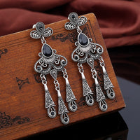 European and American jewelry retro ethnic style hollow leaf gemstone water droplet tassel earrings