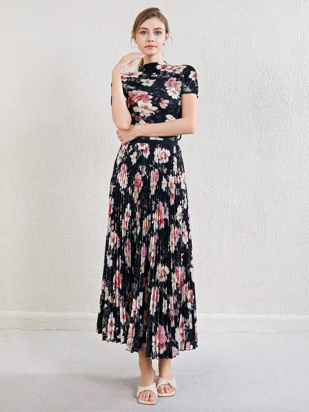 Printed pleated top age reducing skirt high waisted large hem skirt women's suit