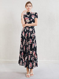 Printed pleated top age reducing skirt high waisted large hem skirt women's suit