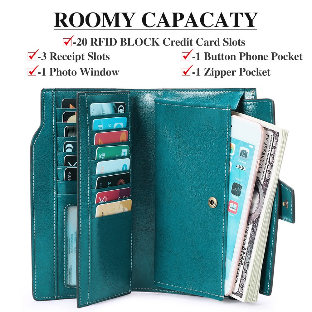 Genuine leather women's wallet long oil wax cowhide women's multi card wallet