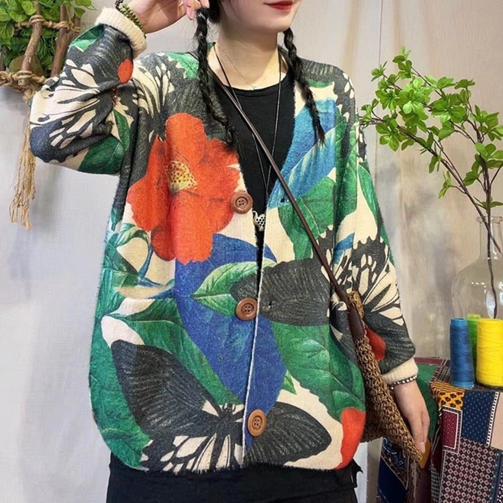 V-neck mink velvet knitted sweater for women, loose Korean casual sweater for women, cardigan