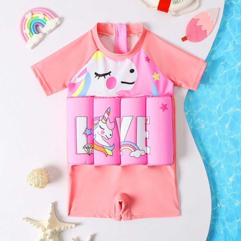 Children's buoyancy swimsuit for girls, babies, toddlers, princesses, short sleeved cartoon one-piece swimsuit for girls