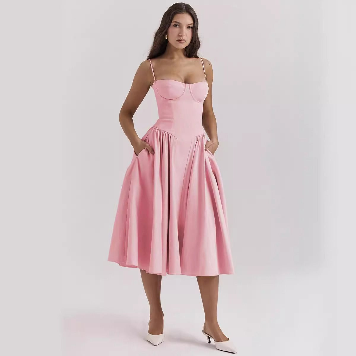 French retro long dress, court style dopamine dressing, camisole dress for women