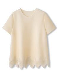 Solid color pleated irregular lace edge top for women