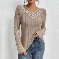 Spring and Autumn New Product European and American Women's Splicing Solid Color Long Sleeve V-neck Knitted Shirt