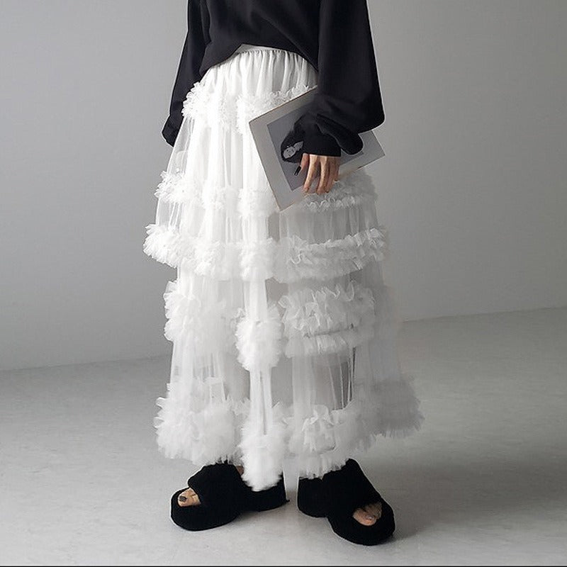 Japanese style half length skirt for women with anti glare three-layer handmade patchwork mesh A-line skirt