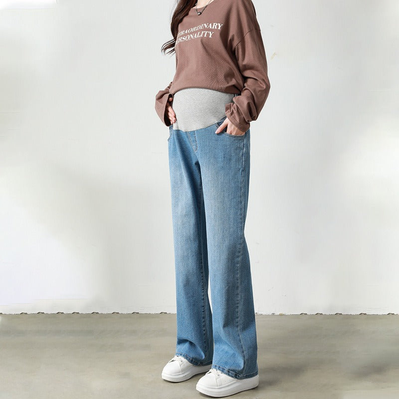 Pregnant women's denim wide leg floor mop soft underbelly pants plus size