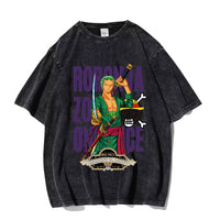 Washed old pirate king Solon pure cotton short sleeved T-shirt trendy Japanese anime Zoro