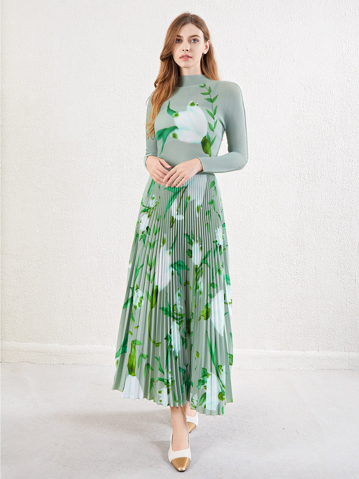 طقم مكون من قطعتين بنصف تنورة، طقم تنورة نسائية مطبوعة بأكمام طويلة