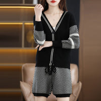 Hong Kong style women's small fragrant style two-piece cardigan shorts fashion V-neck wool sweater knitted set
