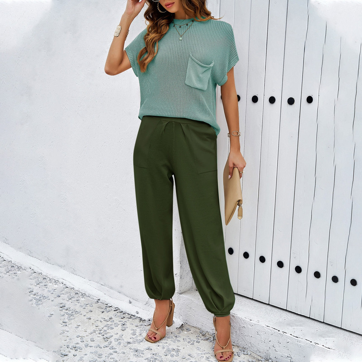 Women's Spring/Summer Elegance Casual Solid Color Woolen Knitted Pants Set
