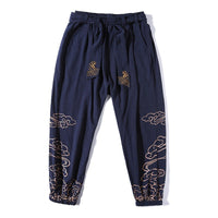 Spring and Autumn men's Chinese style minimalist printed leggings, wide leg oversized embroidered lantern pants