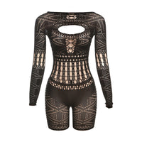 Sexy hollow lace perspective high waisted tight knit jumpsuit shorts for women