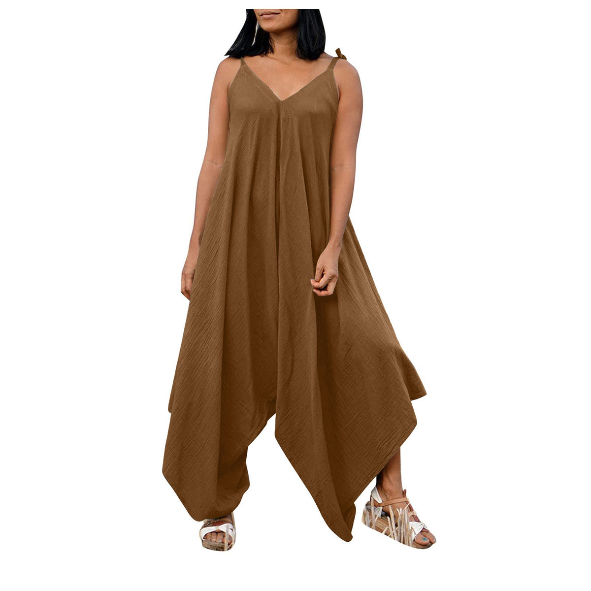 Fashionable solid color suspender backless V-neck sleeveless loose wide leg pants multi-color jumpsuit