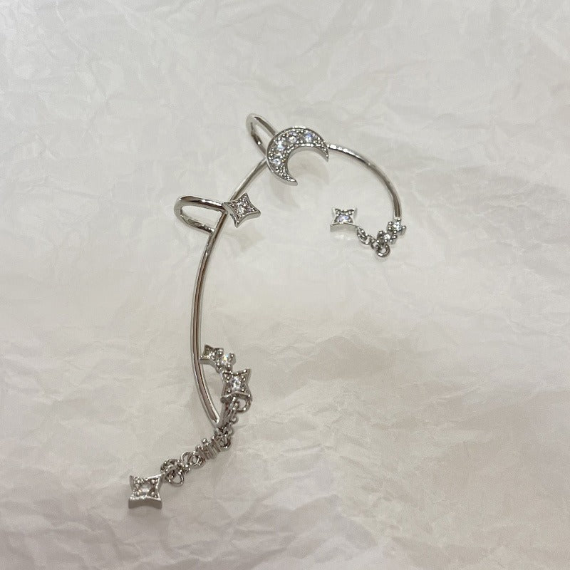 Minimally designed micro inlaid star moon ear hook with super sparkling chain and ear hole free ear clip