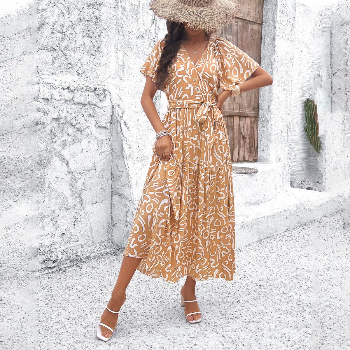 European and American women's casual summer vacation short sleeved printed dress