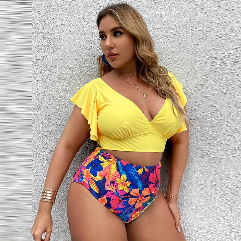 New Large Size Ruffle Print High Waist Split Bikini Swimsuit Fat Woman Version