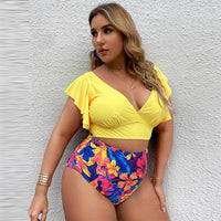 New Large Size Ruffle Print High Waist Split Bikini Swimsuit Fat Woman Version