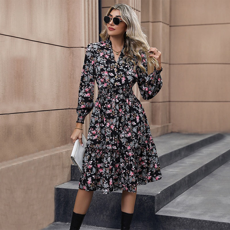 Spring and Autumn Popular Multi Color European and American Women's Long Sleeve Floral Dress