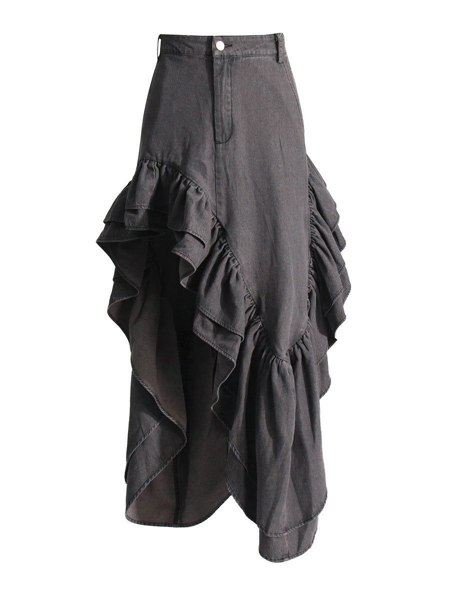 Design feel pleated ruffle edge high waisted skirt for women