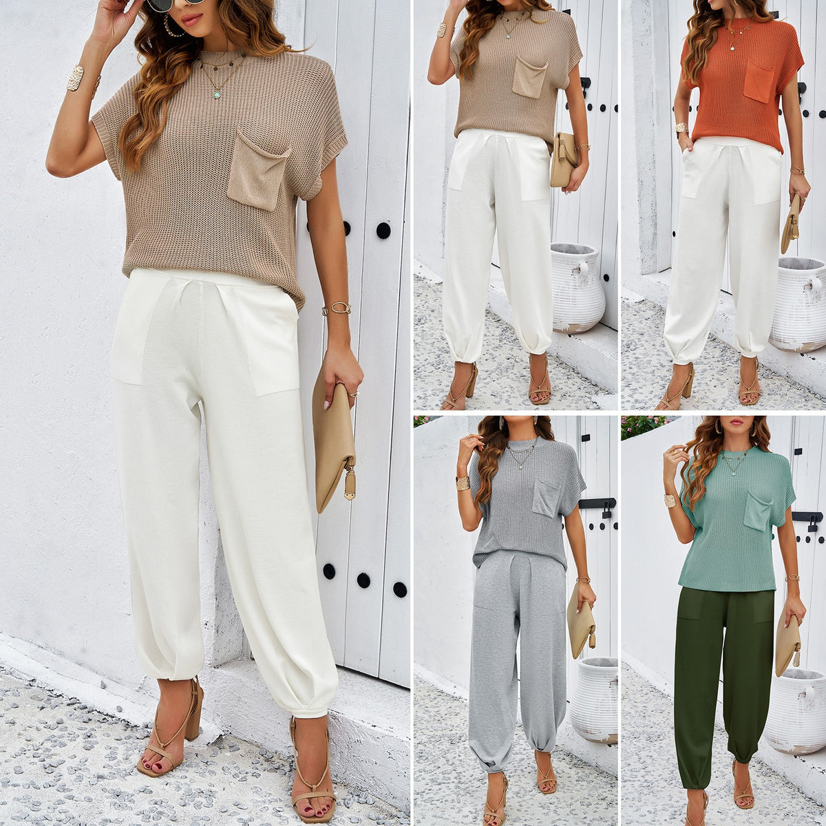 Women's Spring/Summer Elegance Casual Solid Color Woolen Knitted Pants Set