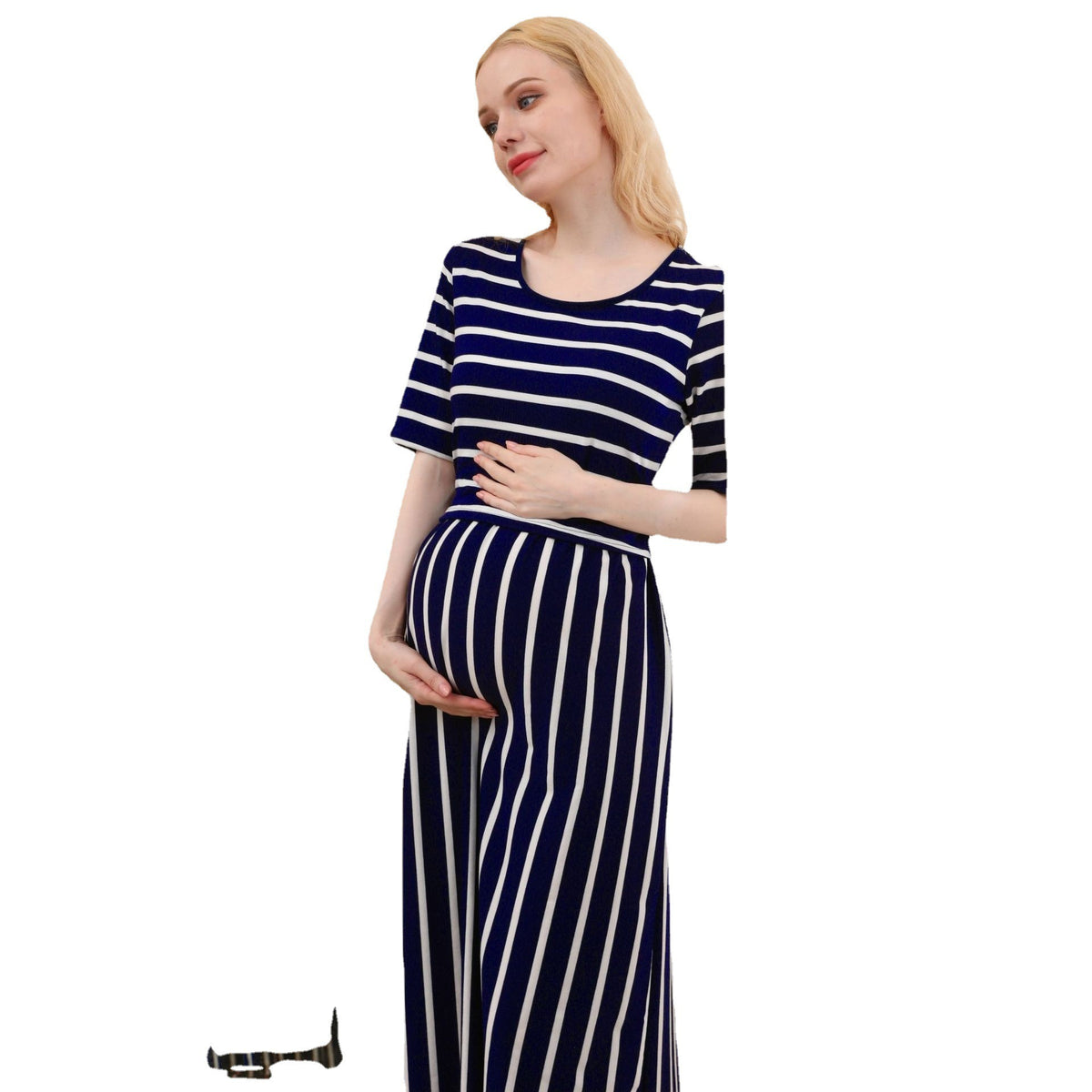 New fashionable European and American maternity striped round neck breastfeeding dress