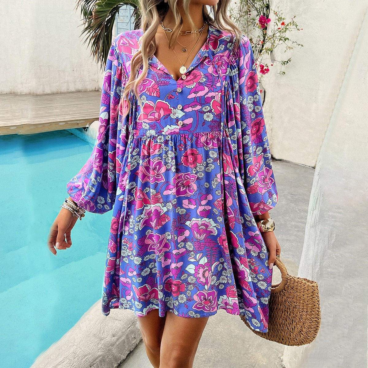 Women's Foreign Trade Shein Independent Station 2024 Spring/Summer Leisure Holiday Printed Long sleeved Dress