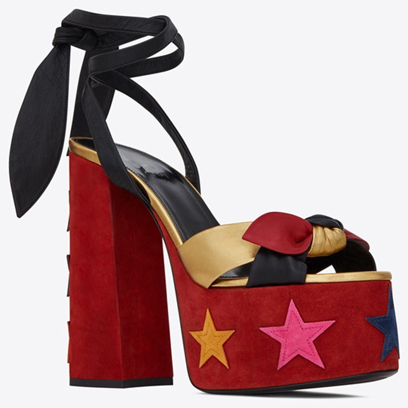 Fish Mouth Thick Sole Thick Heel Colored Walking Sandals with Bow Knot Love Large Strap Super High Heels