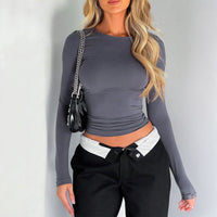 Spring/Summer Round Neck Solid Color Slim Fit Long sleeved Top