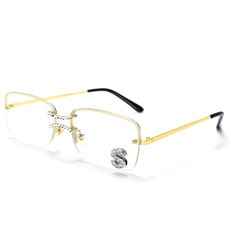 New Hong Kong Style Square Fashion Double Nose Bridge Frameless Metal Sunglasses Hip-Hop Style Ocean Piece Letter S Diamond Sunglasses