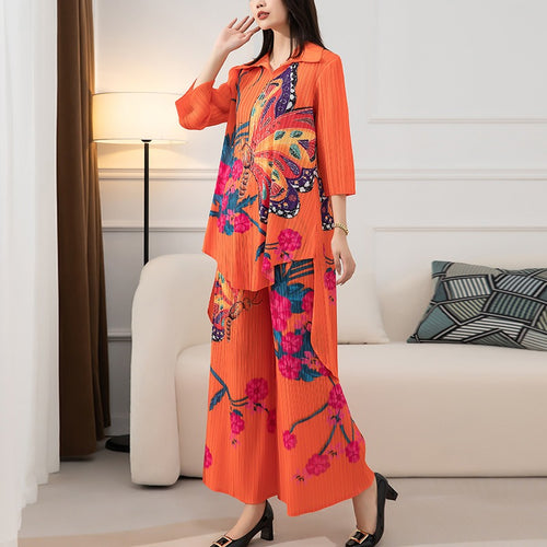 Printed shirt collar long top high waist wide leg straight trousers suit women's fashionable two-piece suit
