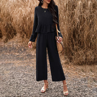 مجموعة كاجوال للسيدات الأوروبية والأمريكية للربيع والصيف، لون سادة بأكمام طويلة، سراويل فضفاضة 