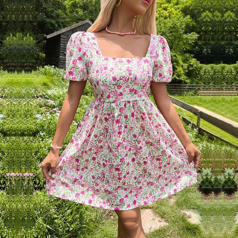 New European and American summer women's dress with a square neckline and floral patterns
