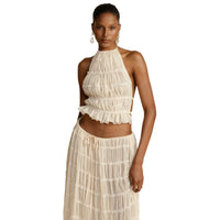 Open back lace up neck top set with wooden ear edge chiffon pleated long skirt two-piece set