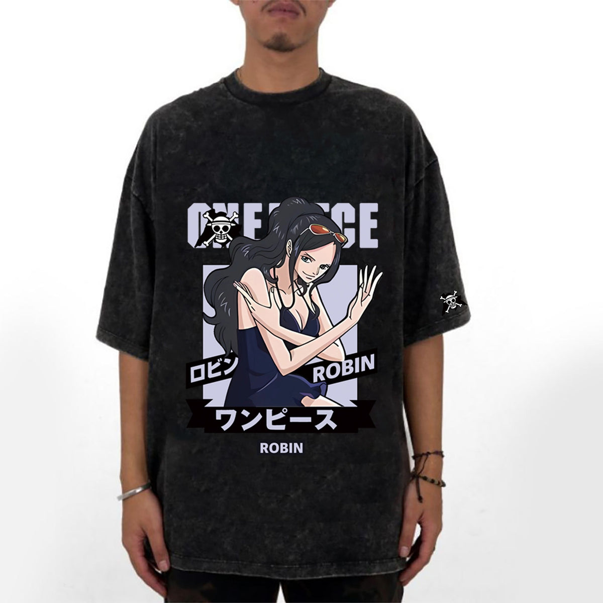 Washed old pirate king Robin pure cotton short sleeved T-shirt for men and women summer fashion brand Japanese anime