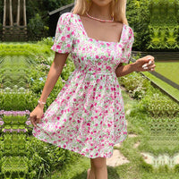 New European and American summer women's dress with a square neckline and floral patterns