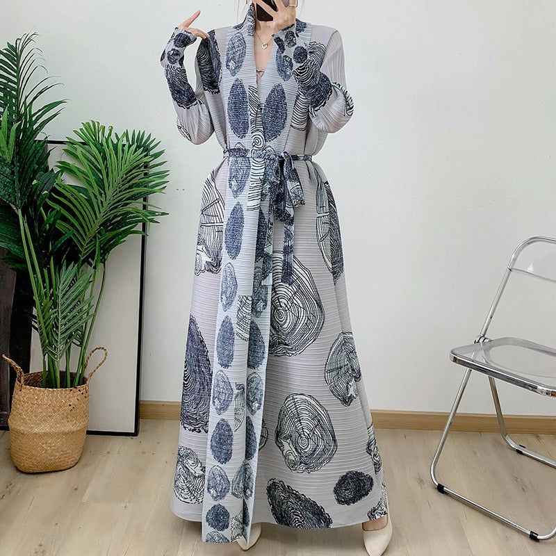 Long trench coat women's pleated loose print Middle Eastern cardigan long robe trend