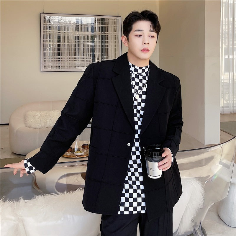 Loose and personalized plaid solid color suit jacket