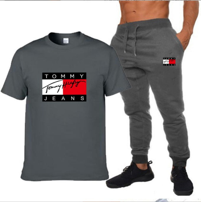 طقم تي شيرت قطني رياضي عصري بأكمام قصيرة، طقم تي شيرت للياقة البدنية للجنسين