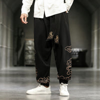 Spring and Autumn men's Chinese style minimalist printed leggings, wide leg oversized embroidered lantern pants
