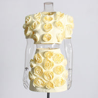 Elegant style splicing three-dimensional flower women's bubble sleeve top+high waisted A-line short skirt set