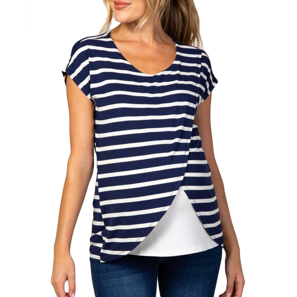 Pre - and post pregnancy maternity striped patchwork multi-layer wrap breastfeeding top