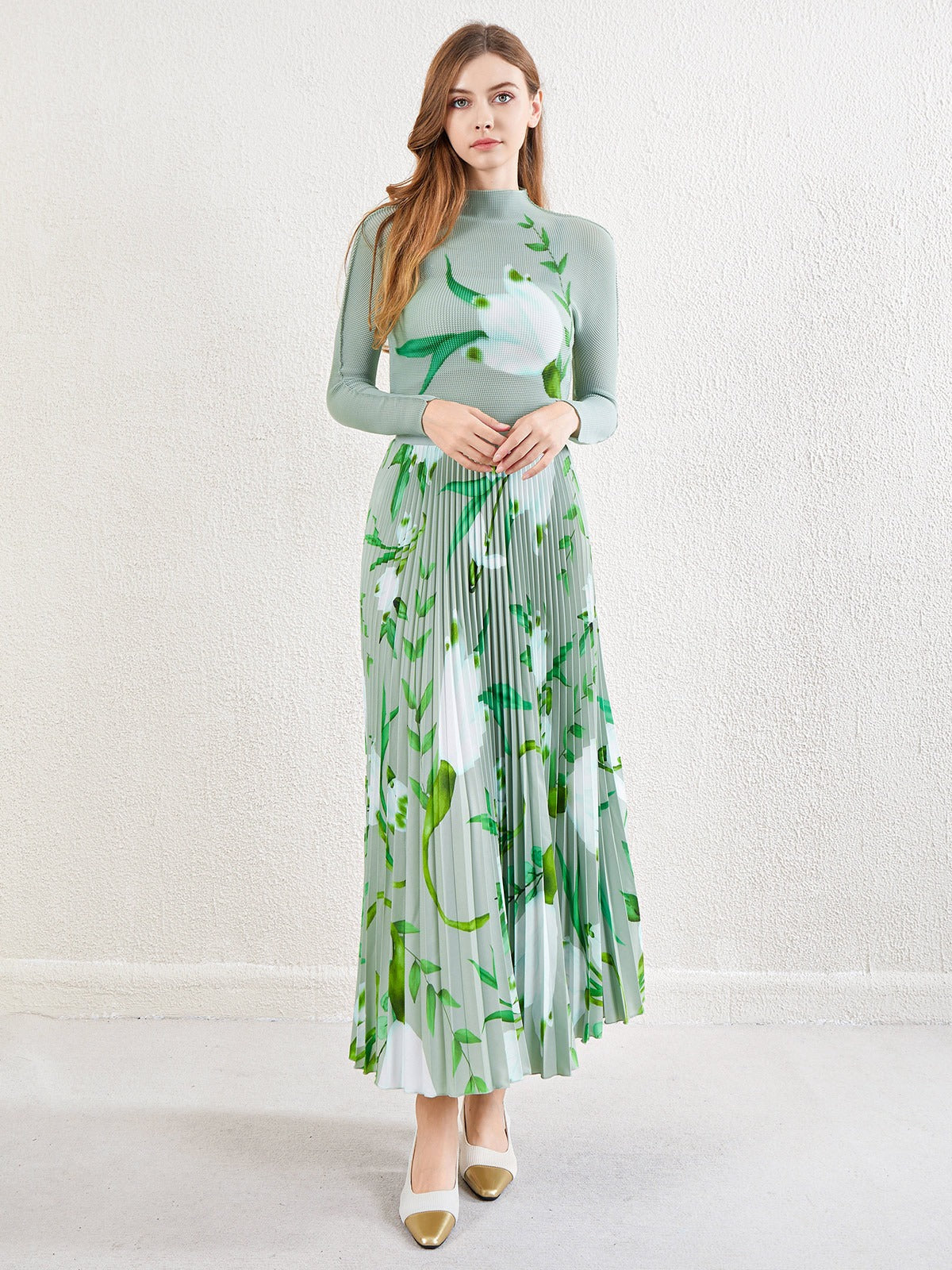 طقم مكون من قطعتين بنصف تنورة، طقم تنورة نسائية مطبوعة بأكمام طويلة