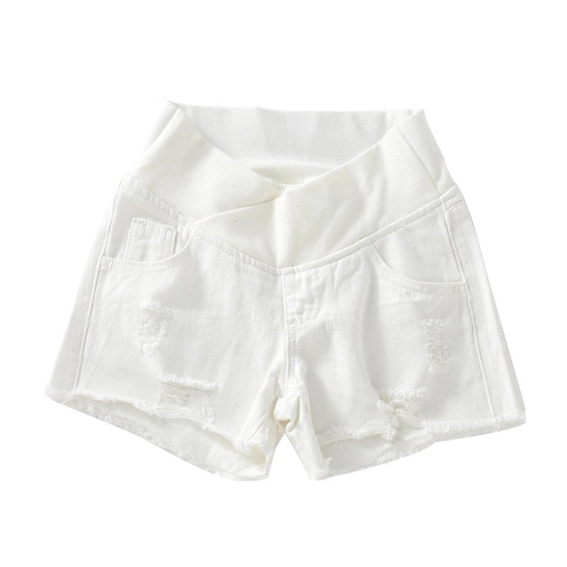 Pregnant women's denim shorts with torn holes on the outside in summer, casual and thin summer pants with wide legs and belly support for early pregnancy