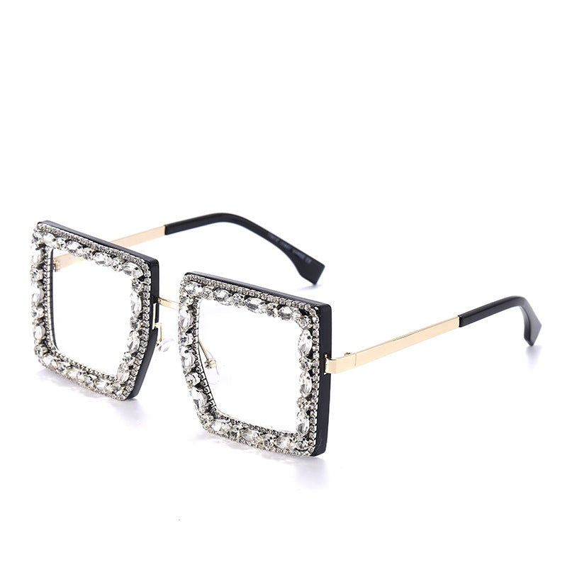 New Square Plain Glasses Hand-Encrusted Fashion Flat Mirror Anti-Blue Light Computer Glasses Frame