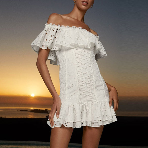 Ruffle lace waistband slimming holiday style dress with hollowed out short skirt for women