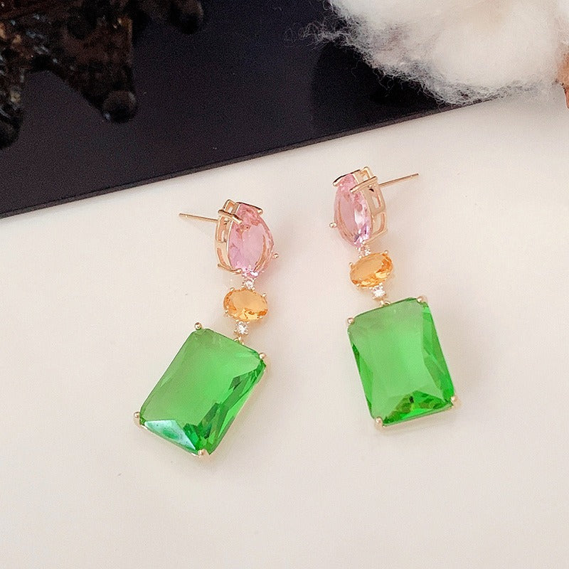Pink Droplet Geometric Square Earrings Light Luxury Contrast Color Transparent Zircon Candy Color Fashion